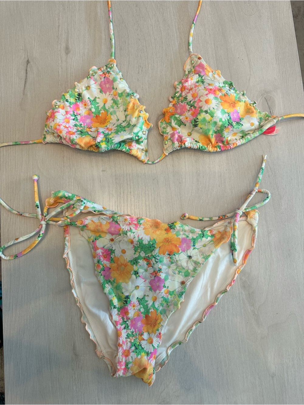 Vintage VS Floral String Bikini Set - Yellow, Green & Pink Flowers
